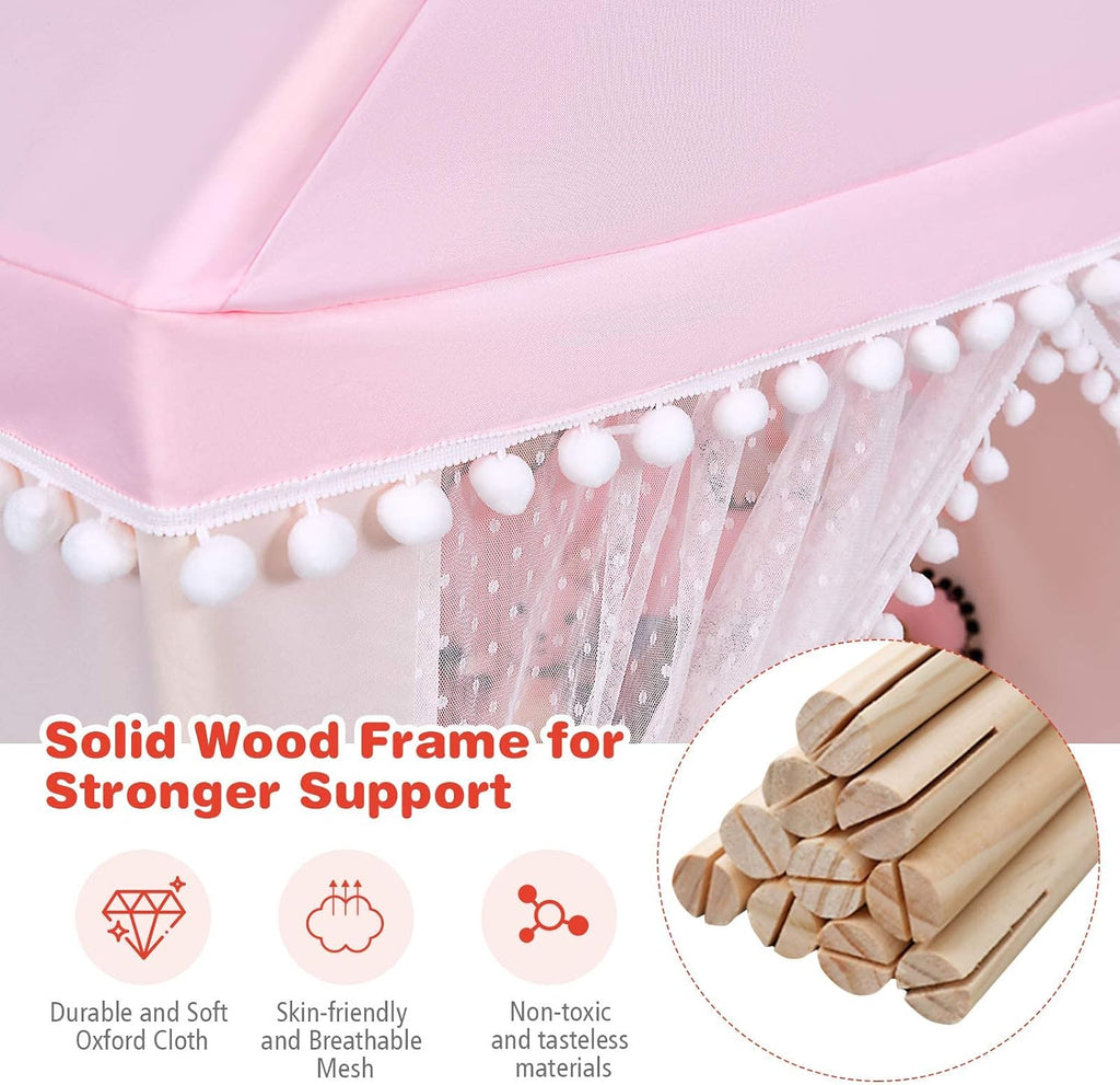 Kids Play Tent, Large Playhouse w/Washable Mat, Windows, Solid Wood Frame, Indoor Outdoor Princess Tent for Children