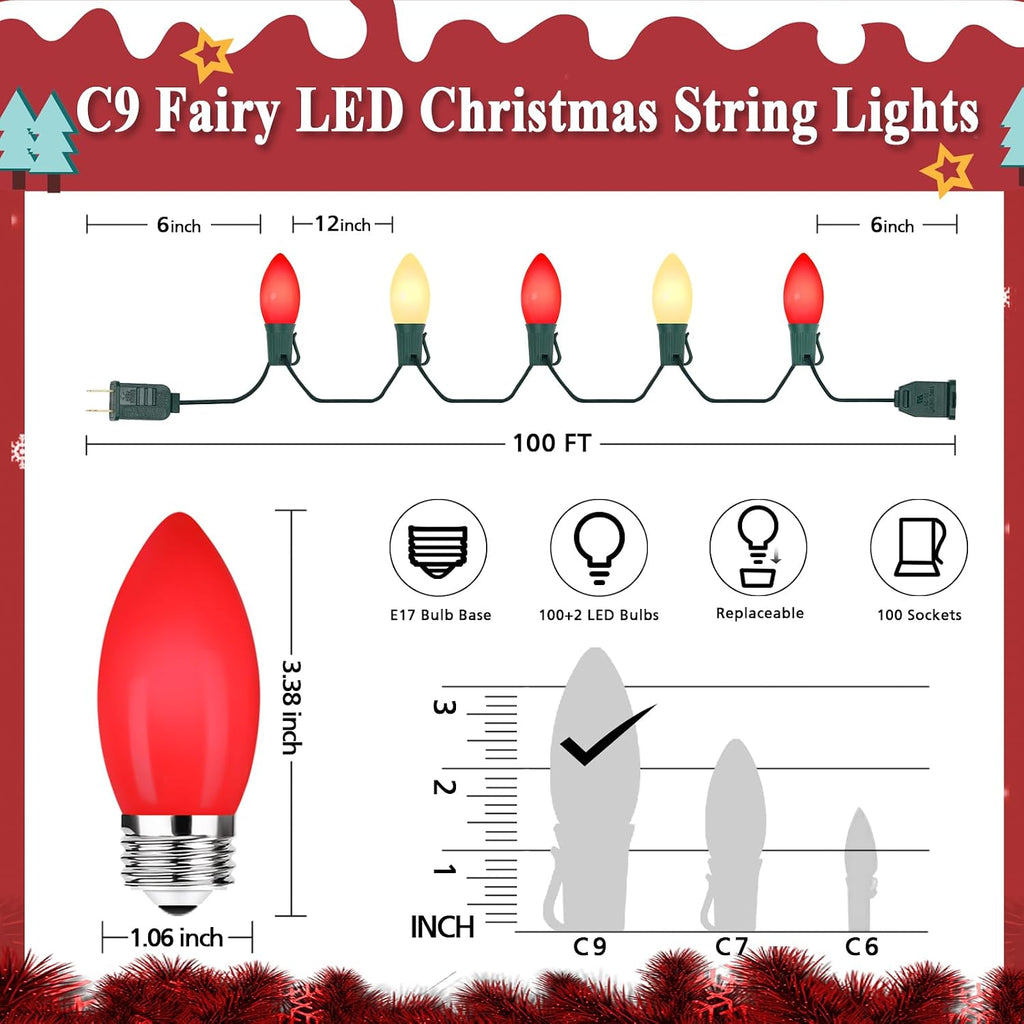 C9 Christmas Lights Outdoor, 100FT 100LED string Lights Waterproof Shatterproof, Extendable C9 Xmas Lights, Indoor