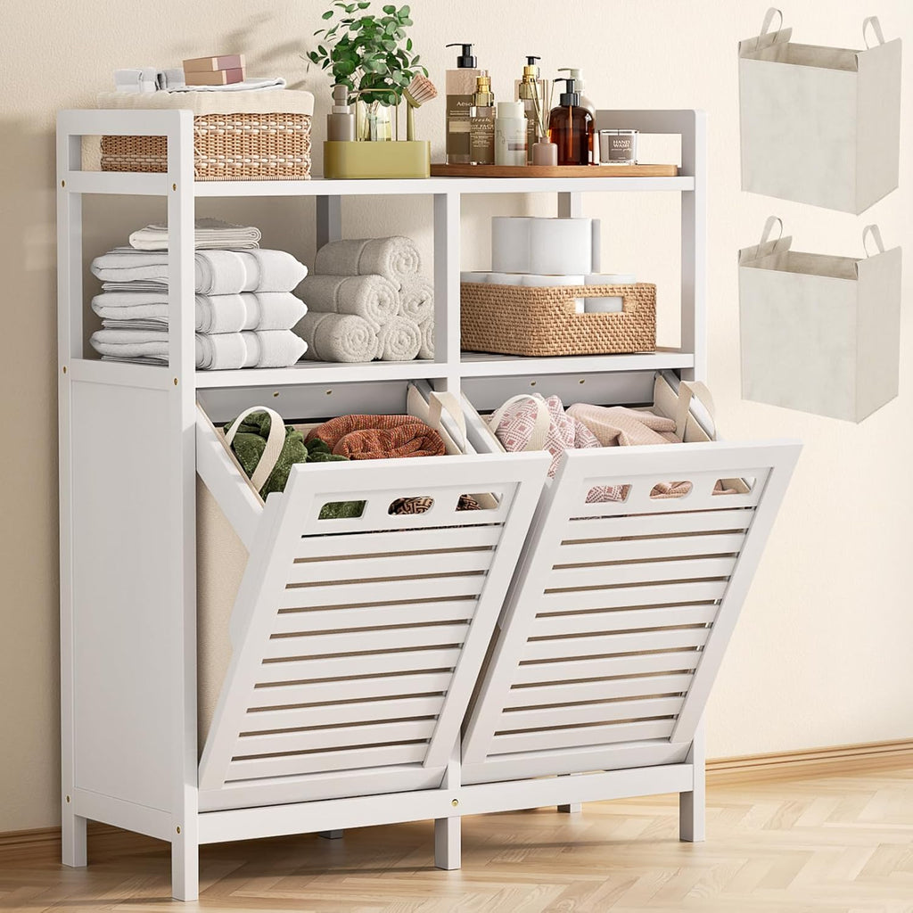 Tilt Out Laundry Hamper Cabinet, Bamboo Double Laundry Hamper with 2 Removable Laundry Baskets, 20 Gal Laundry Sorter