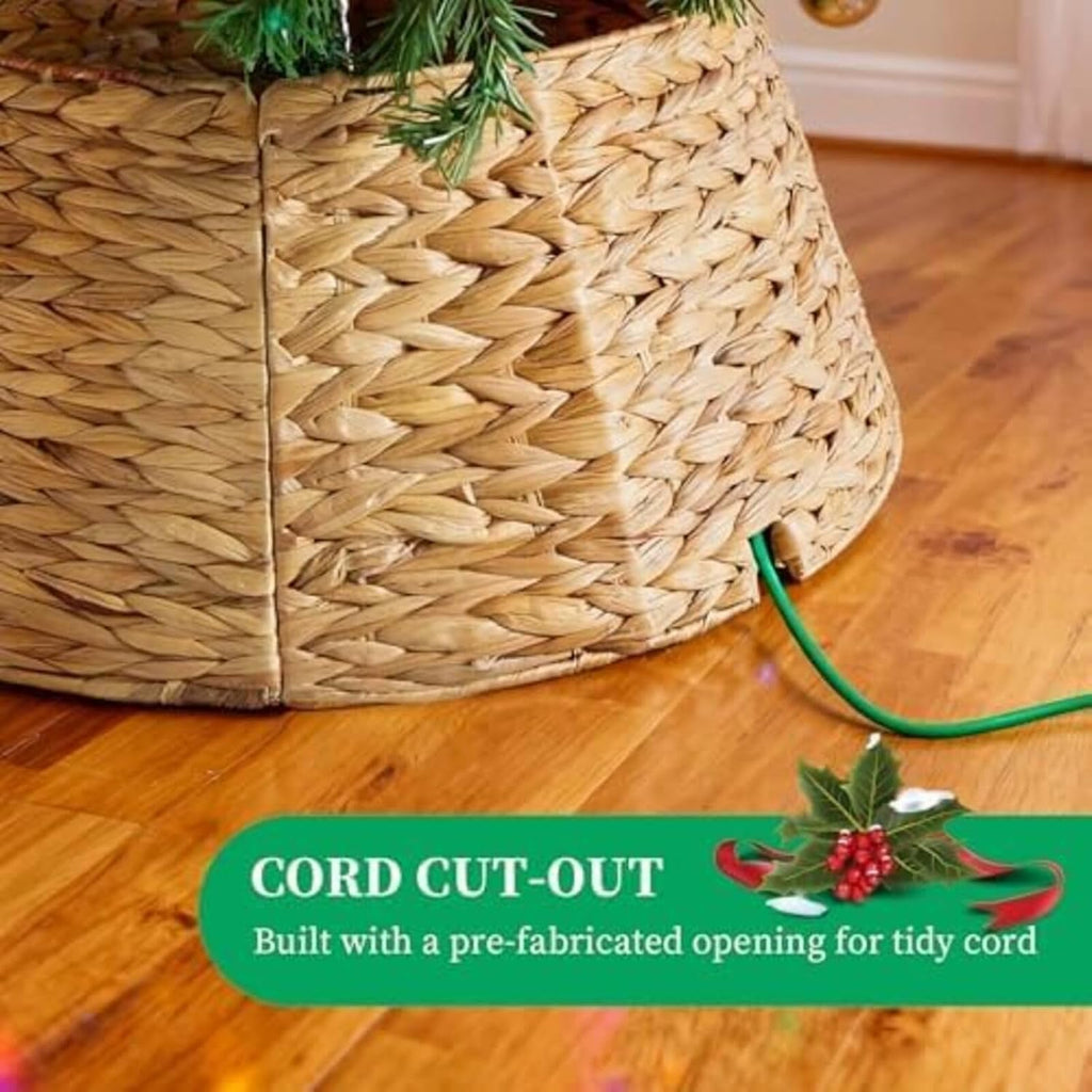 36-inch Christmas Tree Collar for 8-11ft Trees, Woven Hyacinth Rattan 4-Panel Collar w/Cord Access Hole & Easy Lock
