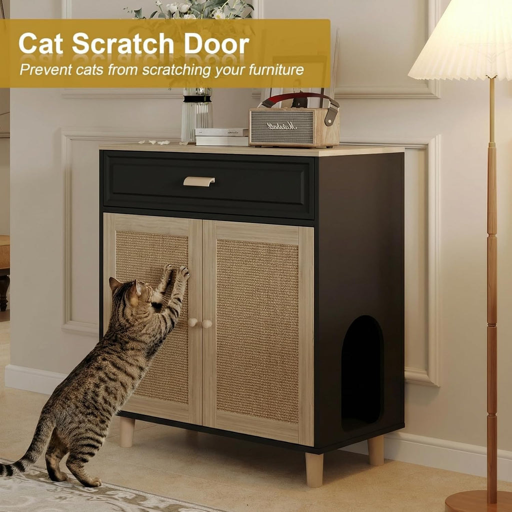 Cat Litter Box Enclosure Furniture Hidden Indoor 2-in-1 Wooden Cat House & Washroom Cabinet with Scratching Board