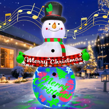 7FT Christmas Inflatables Decorations with Built-in Music & 360° Rotation Colorful Projector LED Light Snowman