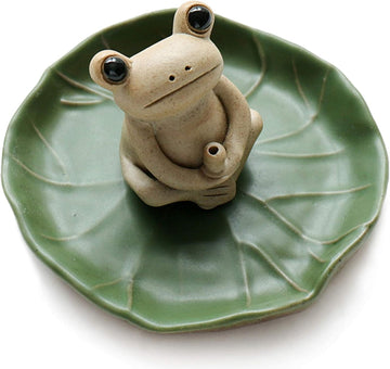 100% Handmade Ceramic Stick Incense Burner Holder,Small Frog Incense,Lotus Leaf Tray,Mini Cute Animal Statue Home