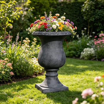 Vintage Large Pedestal Urn Planter, Antique Black Decorative Flower Pot, MGO Garden Plant Container for Outdoor