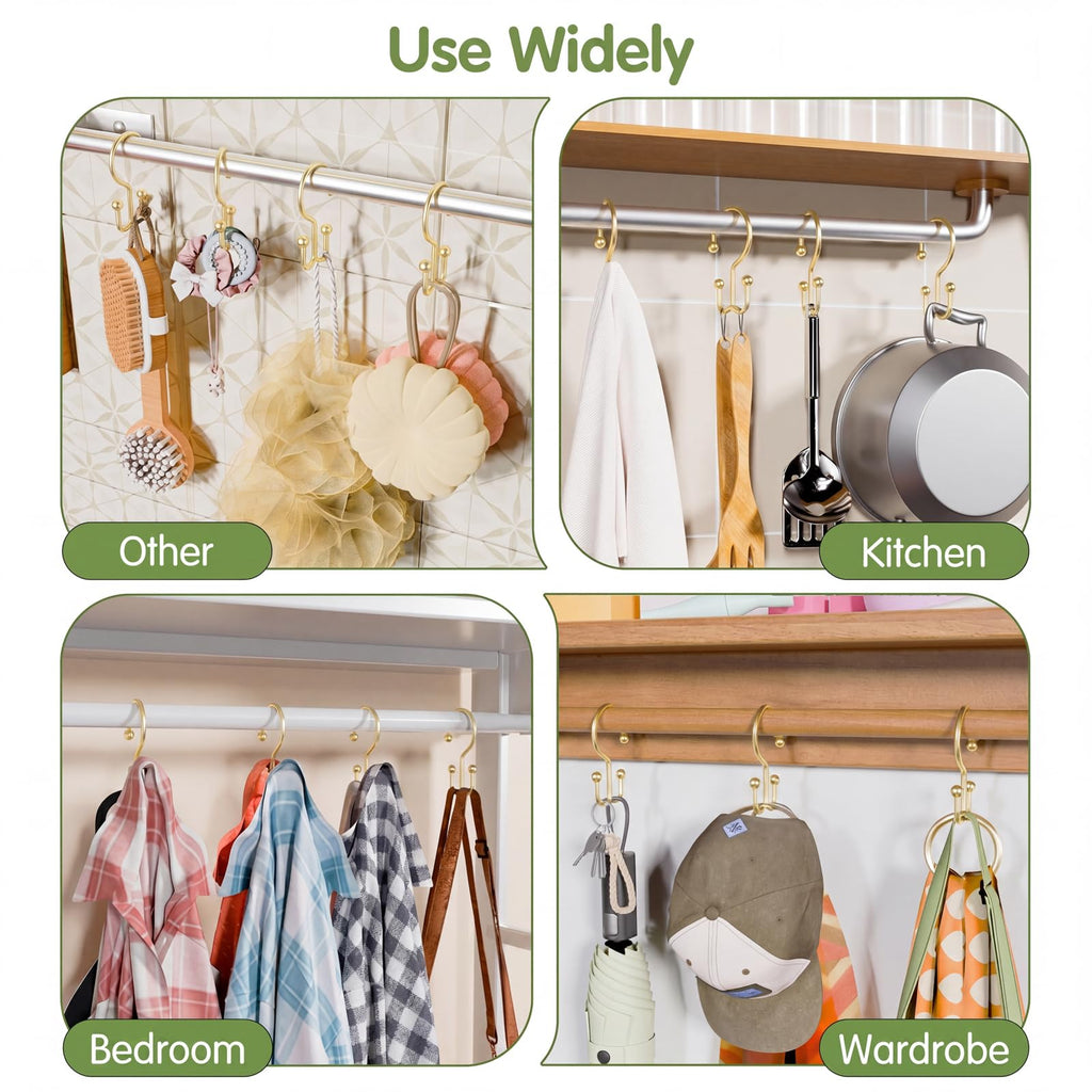 Shower Curtain Hooks, Metal Shower Curtain Rings, Gold Shower Curtain Hooks Rust Proof, Double Shower Rings for