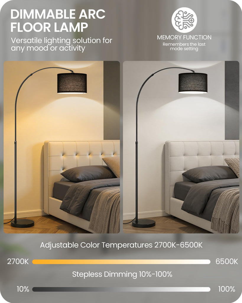 75" Dimmable Black Arc Floor Lamp with Marble Base and Adjustable Height