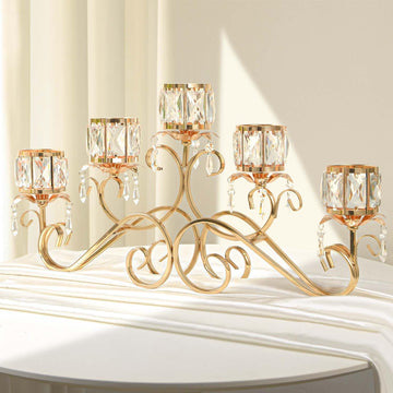 Large Elegant 5 Arms Crystal Bowl Tealight Candle Holder/Candelabra Crystal Votive, 5-arms Candlestick Holder for