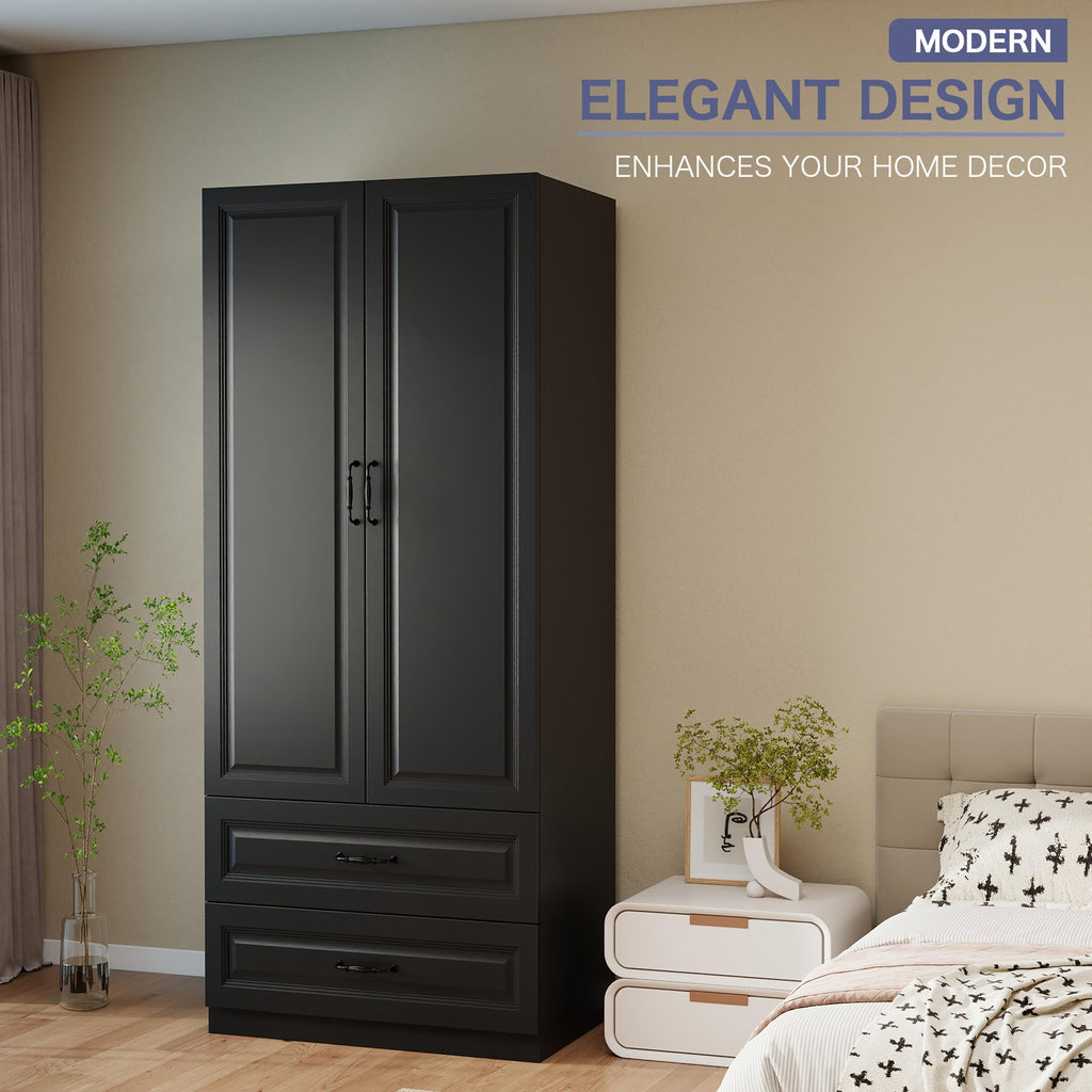 Black Wardrobe Closet with 4 Drawers and 4 Doors, 75" H x 63" W