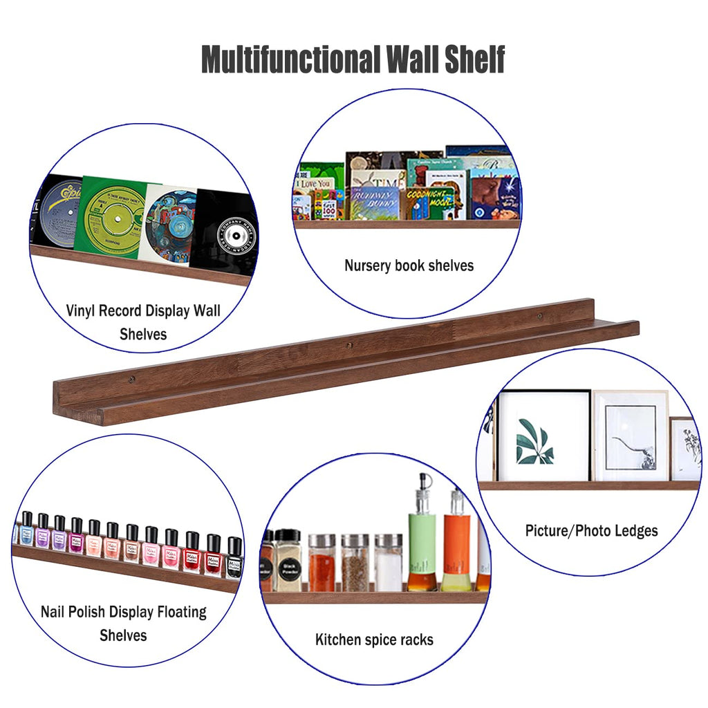 36 Inch Picture Ledge Shelf Rustic Wall Mount Light Walnut Long Narrow Picture Shelves Storage for Books Music Albums