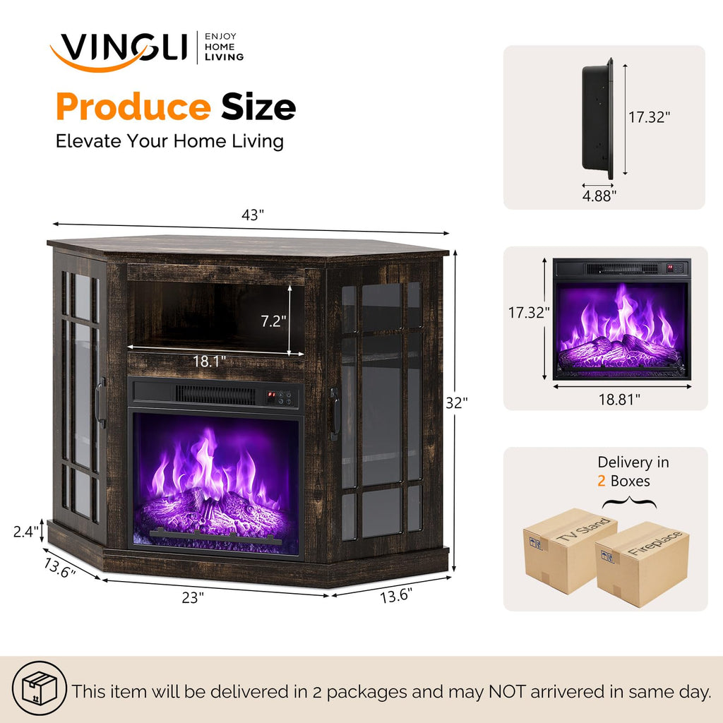 Corner Fireplace TV Stand with Storage for TV up to 55", Black