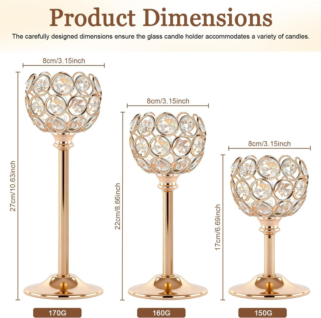 Crystal Candle Holders 2 Set of 6 - Gold Vintage Hollow Ball Candle Stand for Table Centerpiece, Crystal Metal