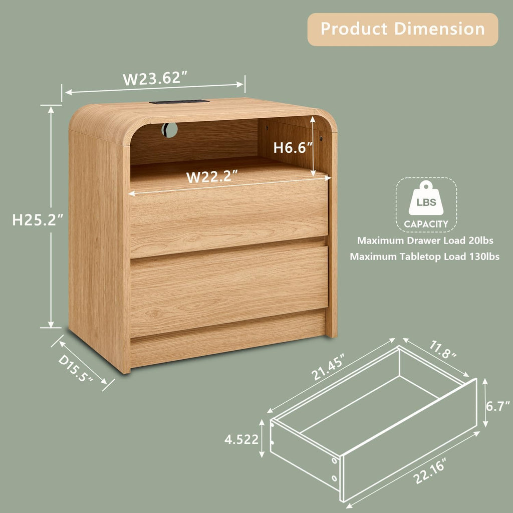 25" Tall Modern Nightstand with Charging Station, 23.6'' Wide Wood Bedside Table w/2 Storage Drawers, Large Mid