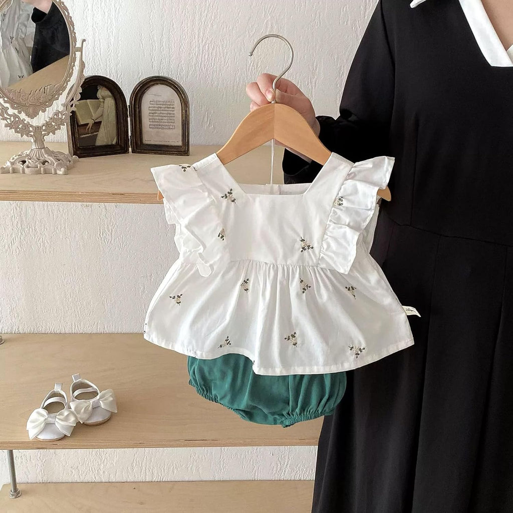 Baby Girl Summer White Embroidered Ruffle Sleeveless Top and Green Bloomers Set