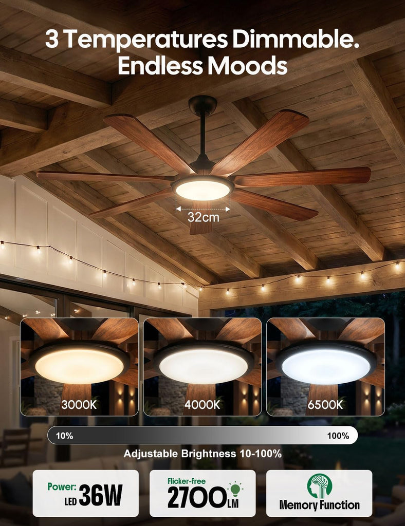 60 inch Smart Wood Ceiling Fan with Light, Remote/Alexa/App Control, Farmhouse Rustic Style, 7 Solid Walnut Blades