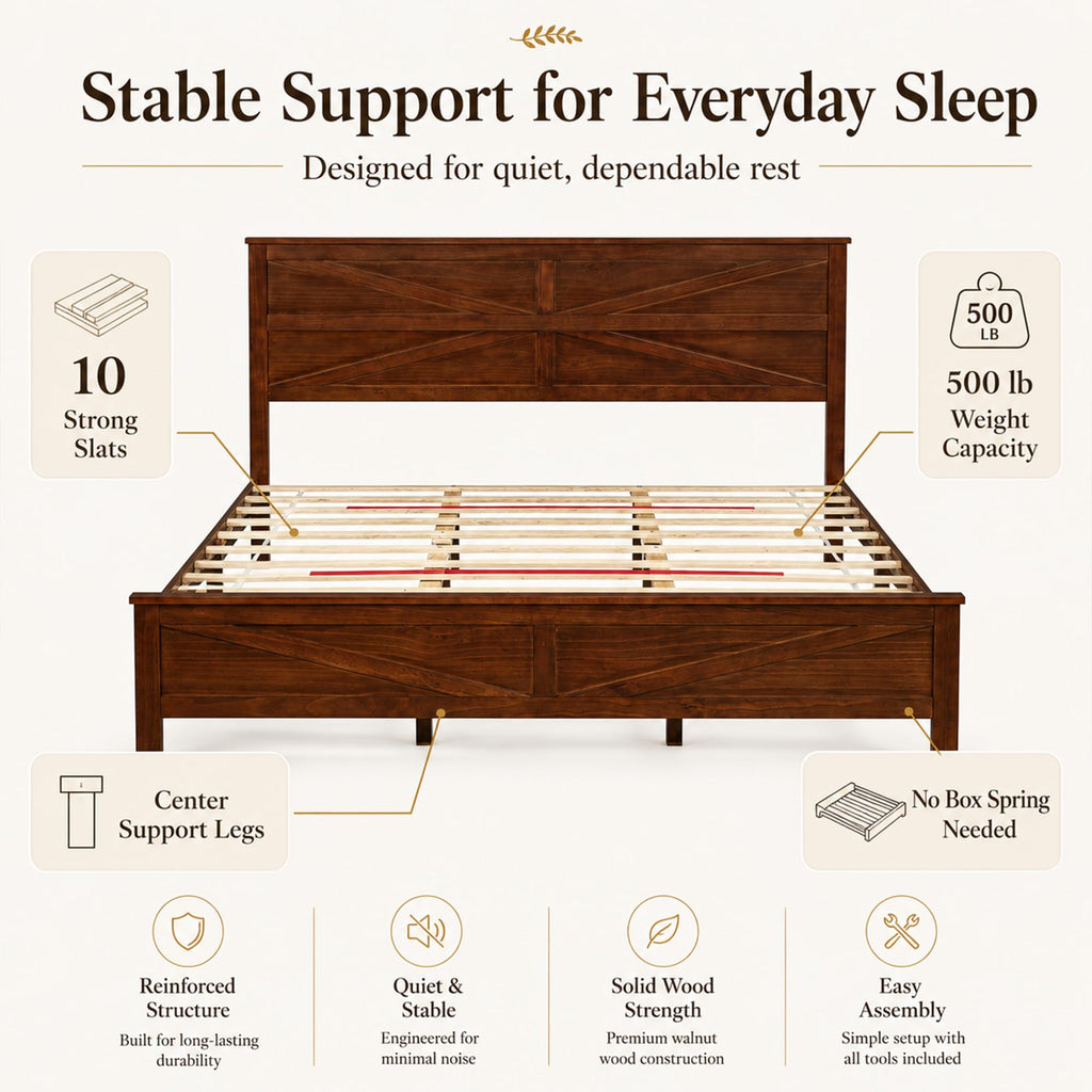 Farmhouse Bed Frame with Barn Door Headboard and Footboard, Wood Platform Bed Frame, No Box Spring