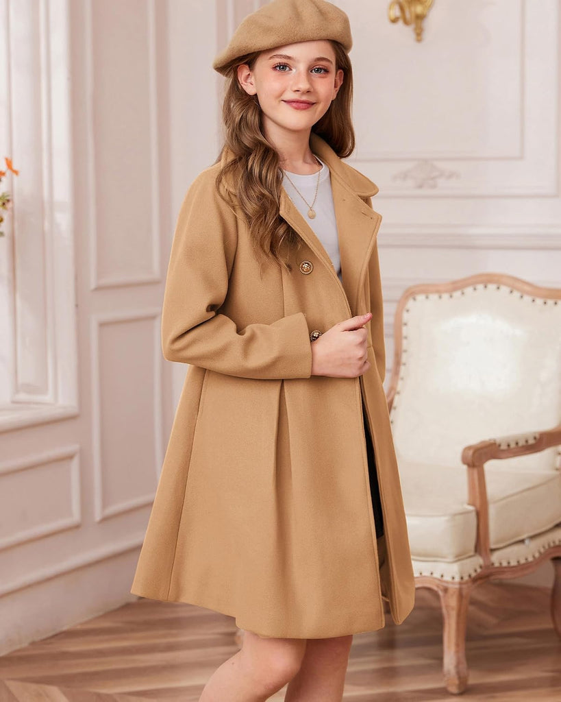 Girls Dress Coat Wool Peacoat with Lapel Pockets Winter Warm Long Jacket for Kids