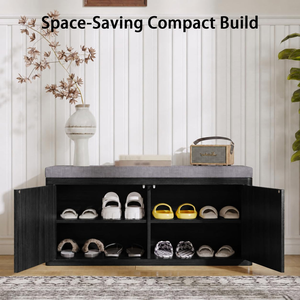 Shoe Bench with Cushion & Push-Open Doors, Double-Layered Storage, Black