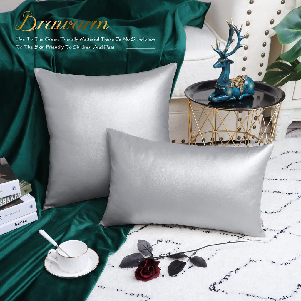 Faux Leather Throw Pillow Covers 16x16 Inches, Silver, 2 Pack