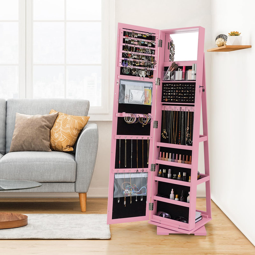 360 Rotating Jewelry Armoire Cabinet, Standing Jewelry Organizer w/Full-Length Mirror & Large Storage Space, Lockable