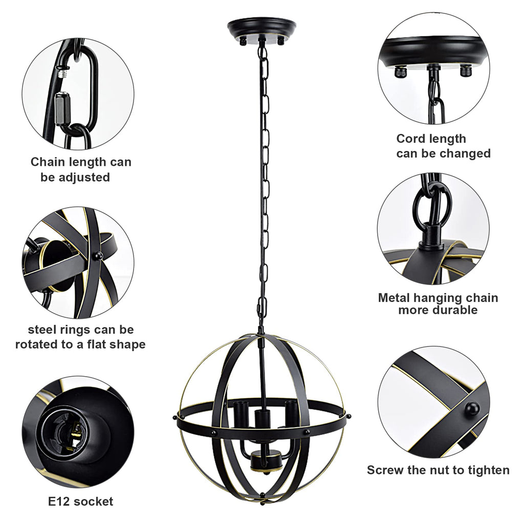 Chandelier Farmhouse Hanging Lighting, 3 Lights Globe Ceiling Light Fixture, Metal Swag Pendant Lighting, E12 Base
