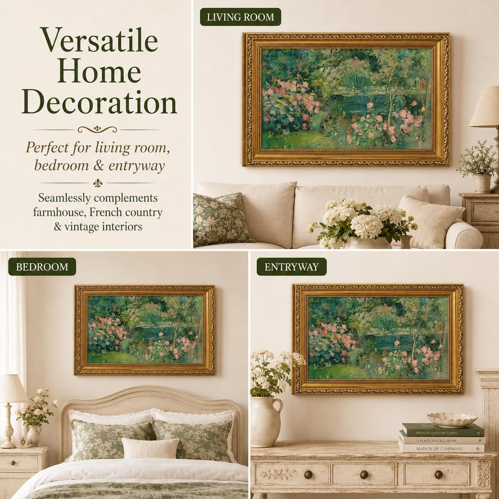 Vintage Gold Framed Monet Garden Wall Art, Impressionist Water Lily Pond Framed Canvas Print, French Country Floral