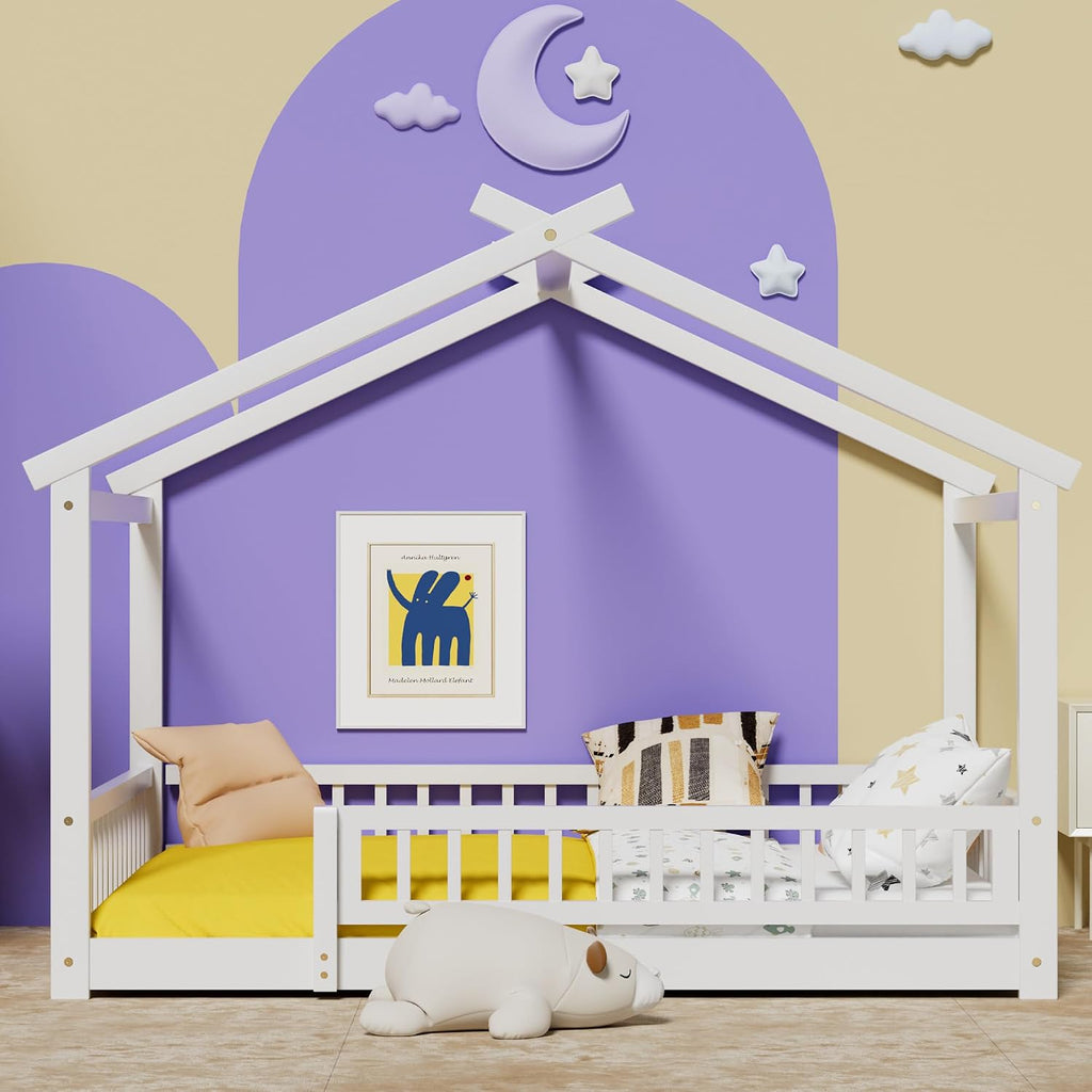 Tw Bed with Fence, Wooden Montessori Bed with Slats Support, Floor Bed Frame for Boys Girls Bedroom, White