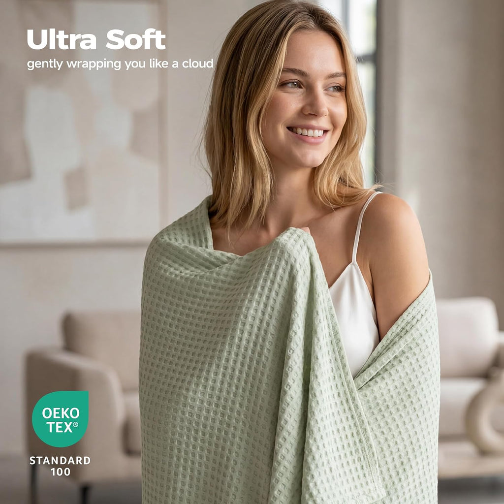 Cooling Waffle Blanket for Bed, Twin Size 60" x 90", Green | 100% Rayon Derived from Bamboo, Lightweight Breathable