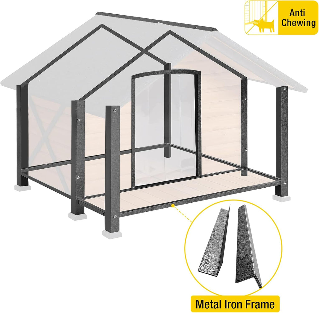 Dog House with Anti-Chewing Metal Frame Outdoor Large Wooden Dog Kennel Outside with Overhang Roof Large Porch