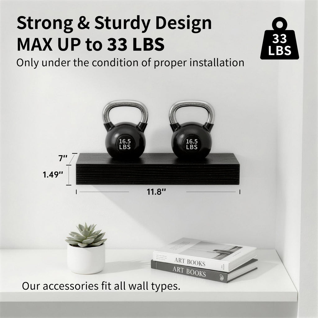 Black Wooden Floating Shelves Wall, 12 Inch Set of 4