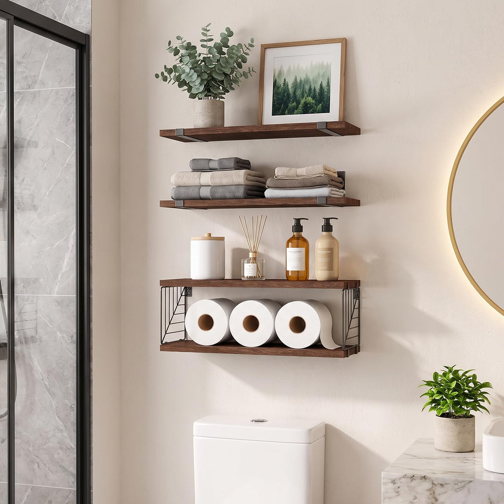 3+1 Tier Bathroom Floating Shelves Over Toilet, Dark Brown