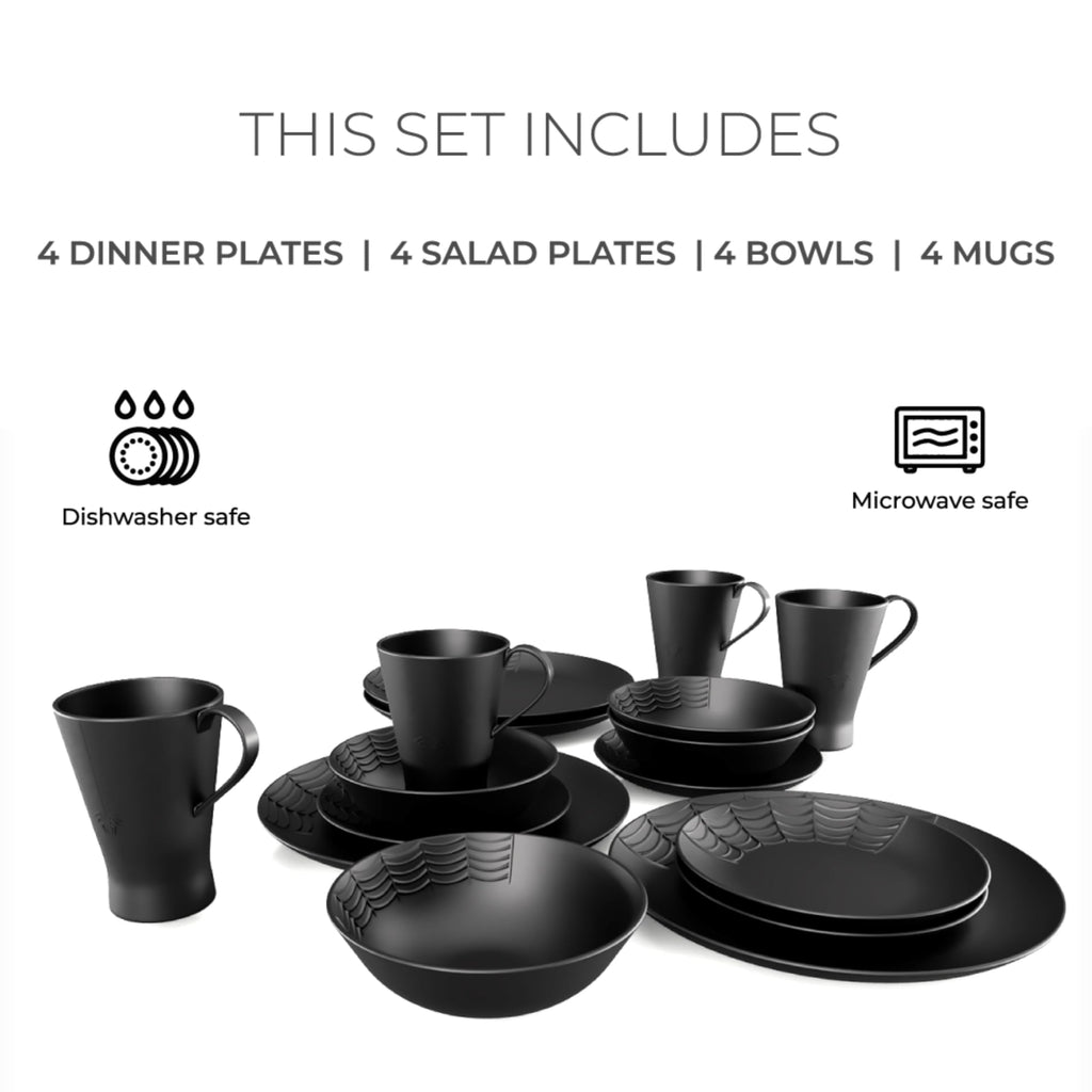 Spiderweb Dinnerware Set, 16 Piece Spooky Dishes, Gothic Matte Black
