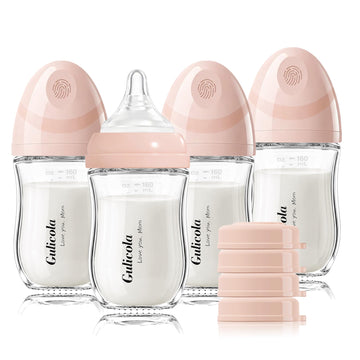Natural Glass Baby Bottle 4 Pack, Newborn Breastfeeding Bottles Set, Extra Slow Flow Nipples (SS), Anti Colic, 0
