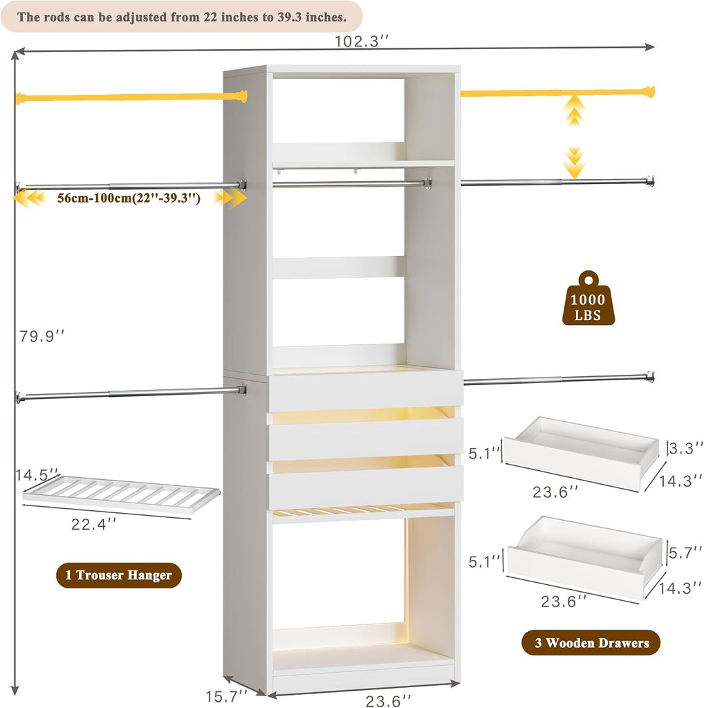 Closet System, 4-8FT Closet Organizer with 3 Wood Drawers & Glass Top, 102'' Walk in Closet with 5 Hang Rods & LED