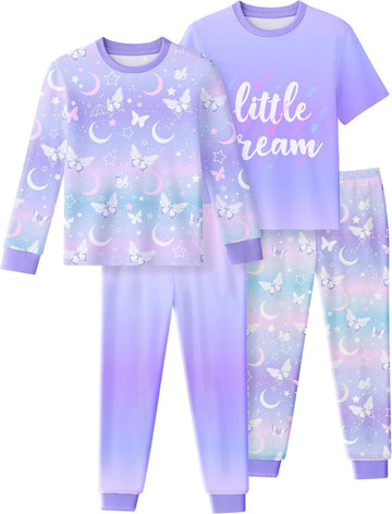 Toddler Pajamas 100% Organic Cotton Girls Boys Pajamas for Kids 4 Piece Snug Fit Long & Short Sleeves Pjs Set