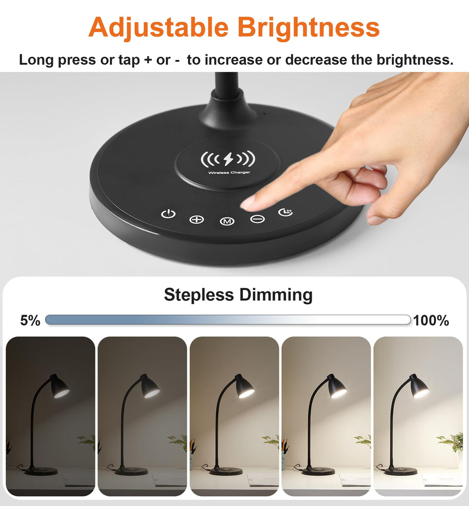 Desk Lamp with USB C+A Charging Ports Timer Black