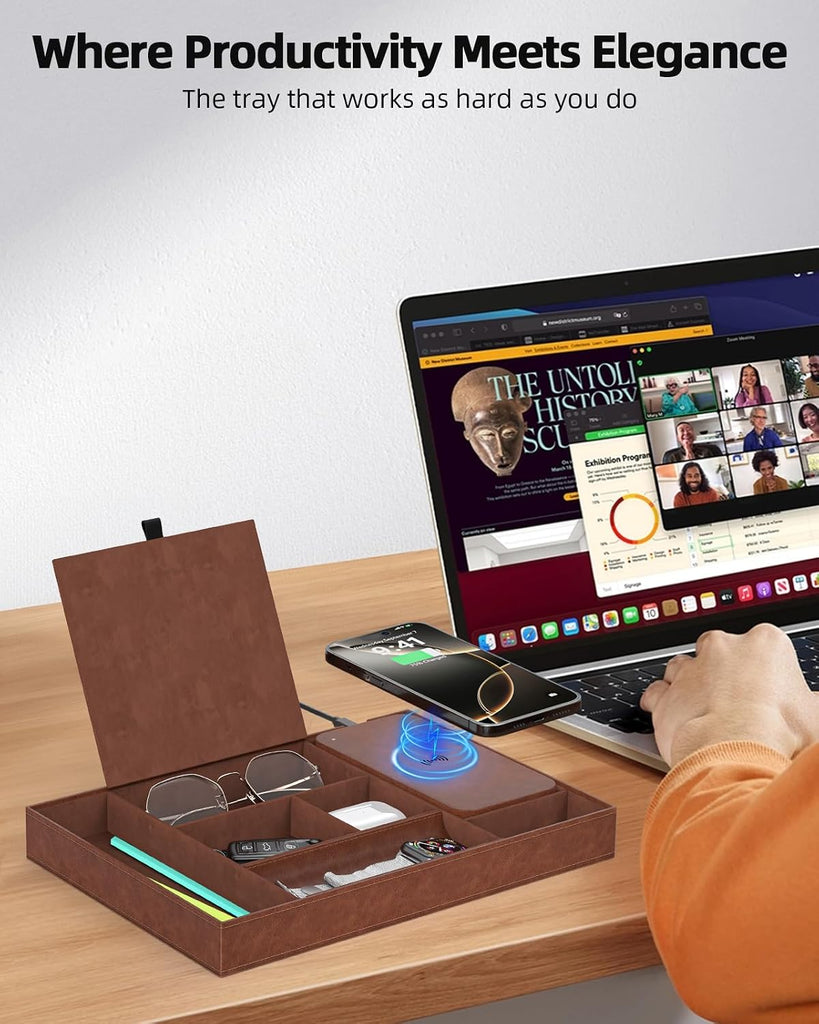 Leather Valet Tray with Wireless Charging Pad - Luxury EDC Nightstand Organizer for Men - Premium Desk Tray