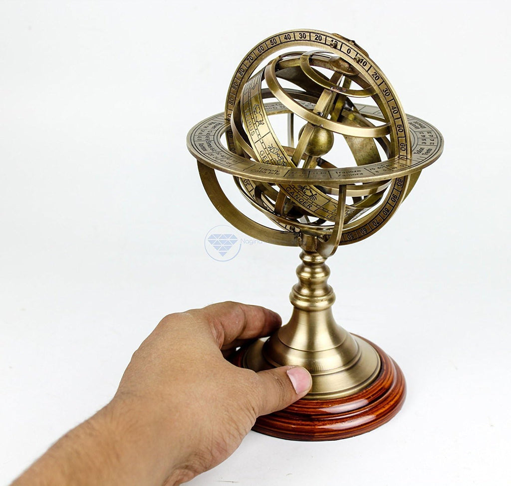 Antique Vintage Zodiac Armillary Brass Sphere Globe Wooden Display | Pirate's Antique Ship Decor | (Medium, Antique