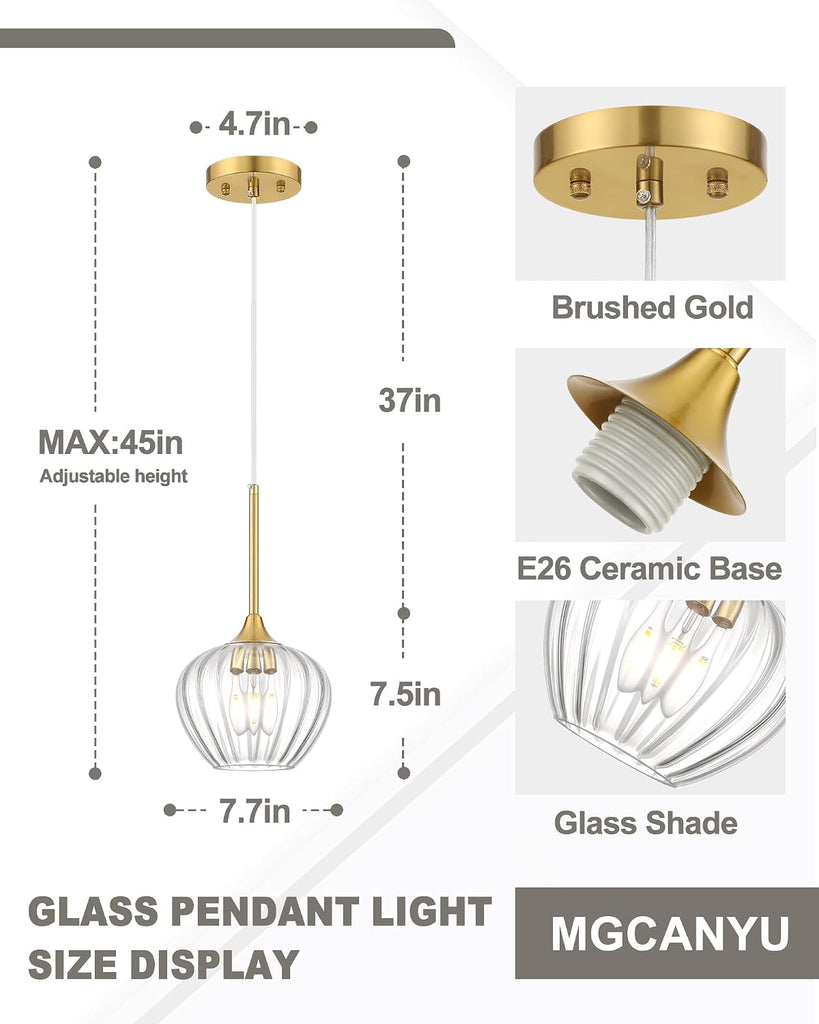 Glass Pendant Lights for Kitchen Island, 7.7" Modern Gold Pendant Light Fixtures Small Adjustable Hanging Light for