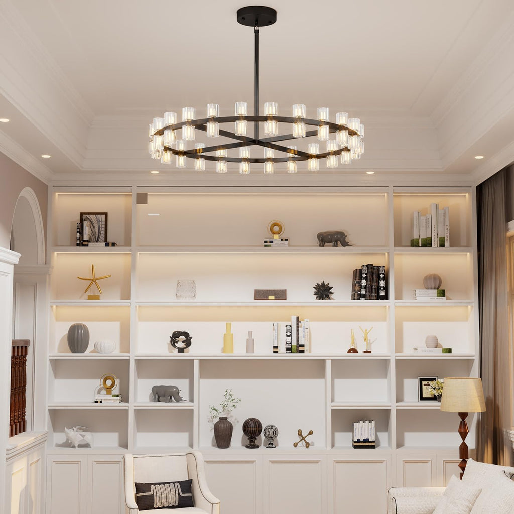 Inspired Arcachon Style Round Wagon Wheel Chandelier, 40" 40-Light Black, Crystal Shades — Foyer, Dining & Living Room