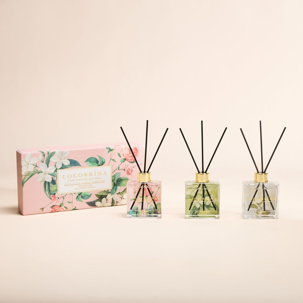 Reed Diffuser Set of 3-3 Pack/ 3.04 Fl.oz Diffuser with 24 Sticks Pink Rose/Gardenia/Jasmine & Mint, Reed Diffuser