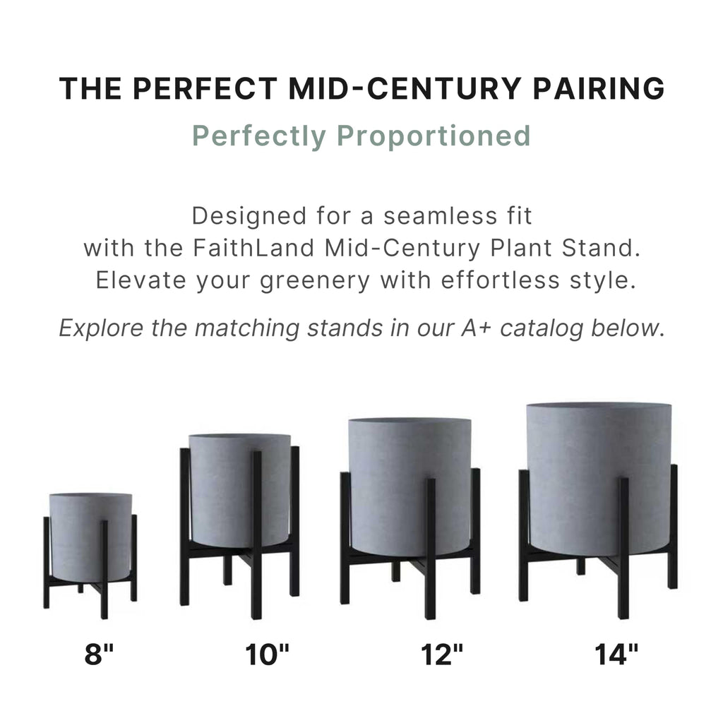 14 Inch Fiberstone Planter - Lightweight Modern Cylinder Plant Pot with Drainage Hole & Plug, Authentic Concrete
