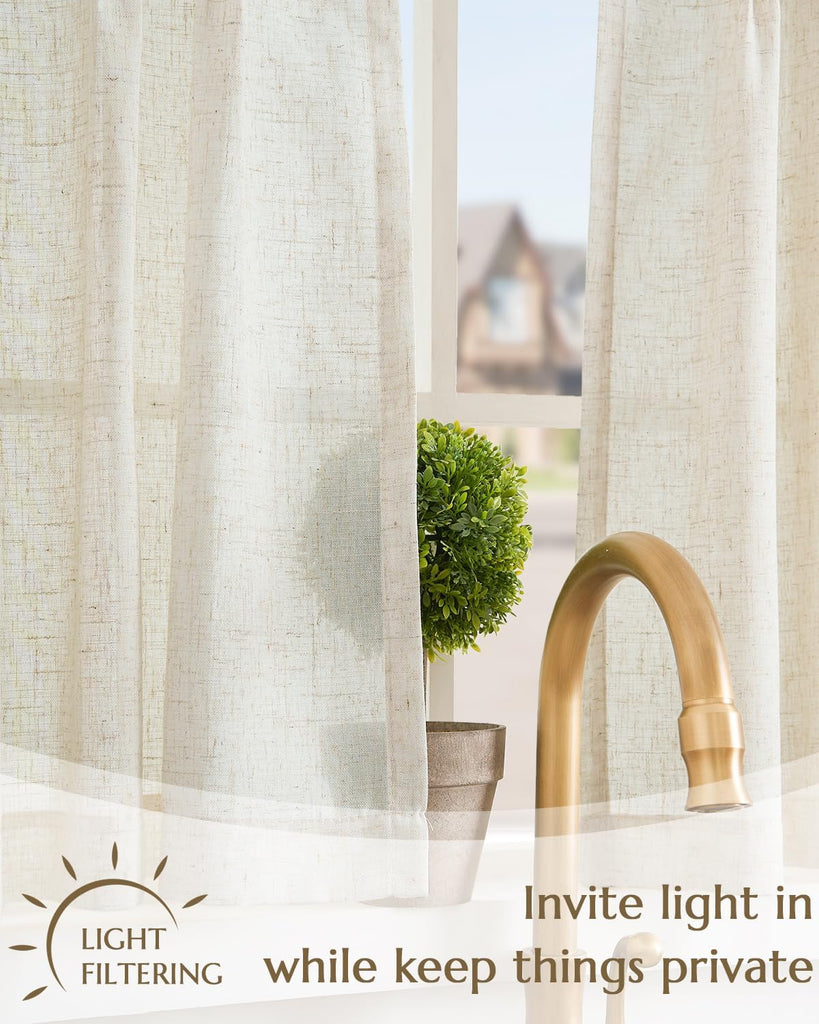 Tie Top Linen Kitchen Curtains Over Sink 24 Inch Length Tier Curtains Farmhouse Rustic Small Cafe Curtain for Bedroom