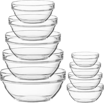 9Pcs Glass Mixing Bowls, Clear Salad Bowl Glass Prep Stackable Nesting Bowls Dessert Salad Dips Cereal Ice Cream