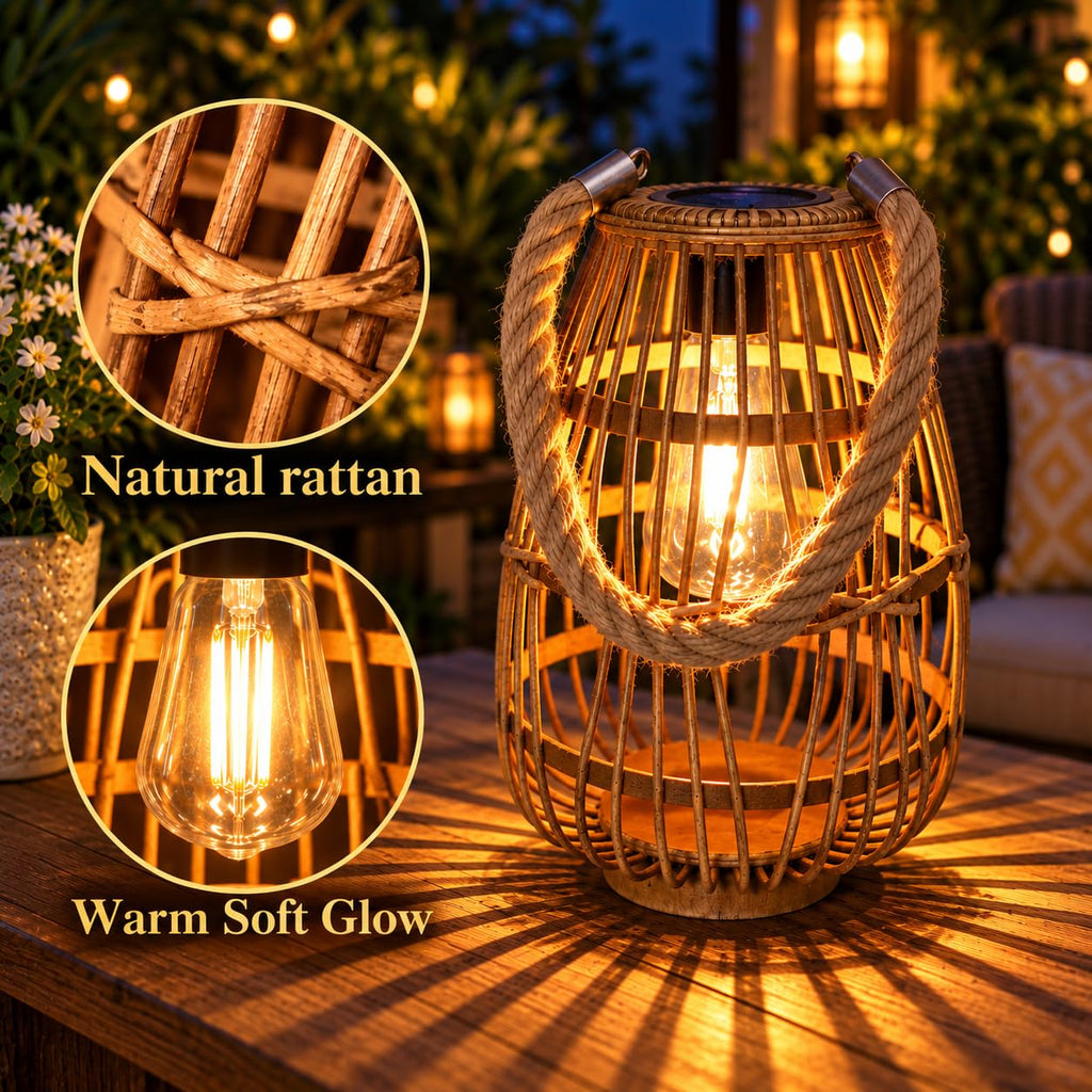 Rattan Solar Lantern, Large Outdoor Waterproof Hanging/Tabletop