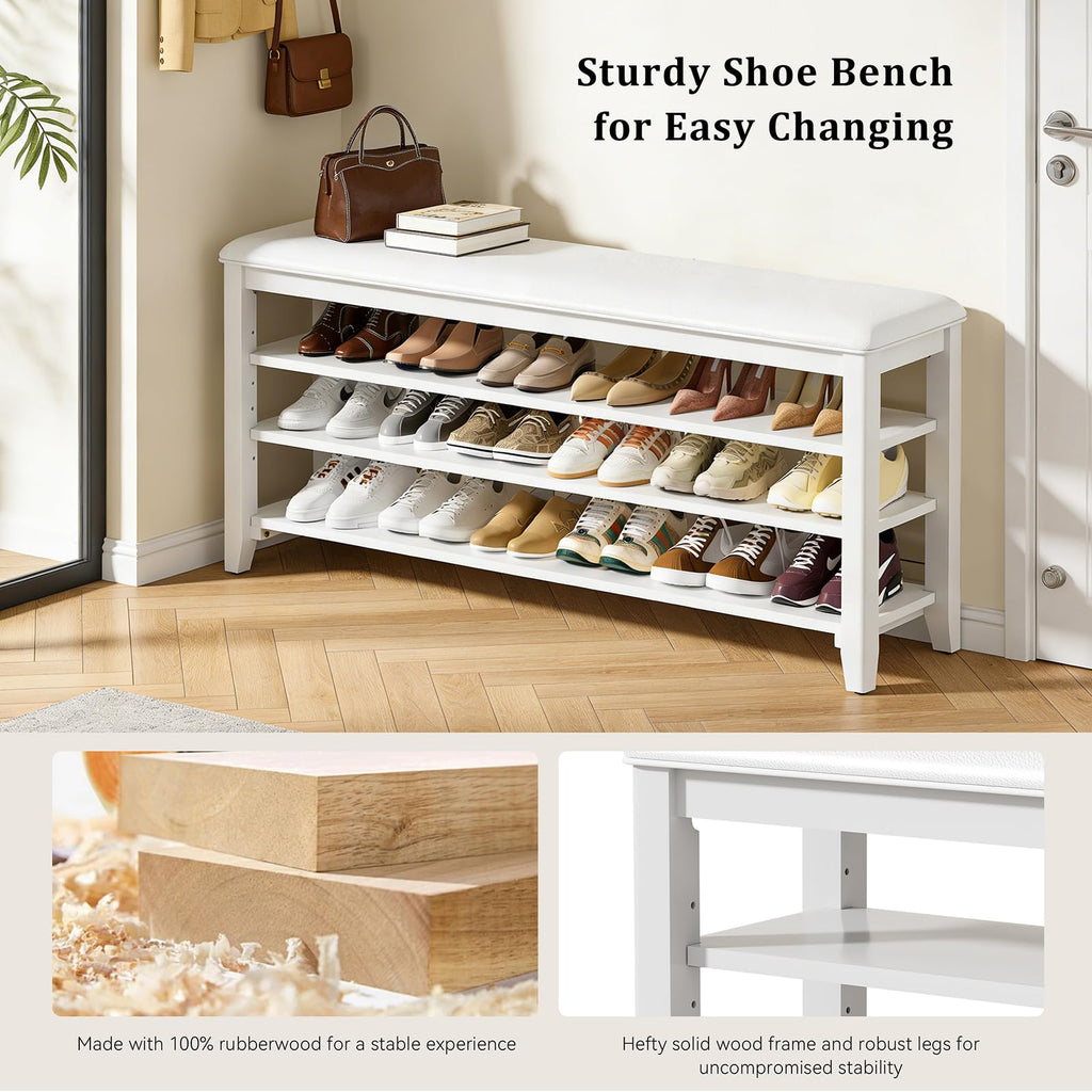 Shoe Rack Bench with 3 Tier Adjustable Shelves Rubberwood Entryway
