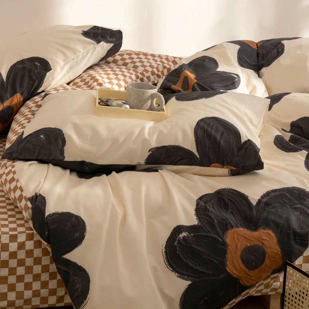 Black Sunflower Comforter Set Queen Beige Black Floral Bedding Comforter Set Big Flower Botanical Quilts Boho