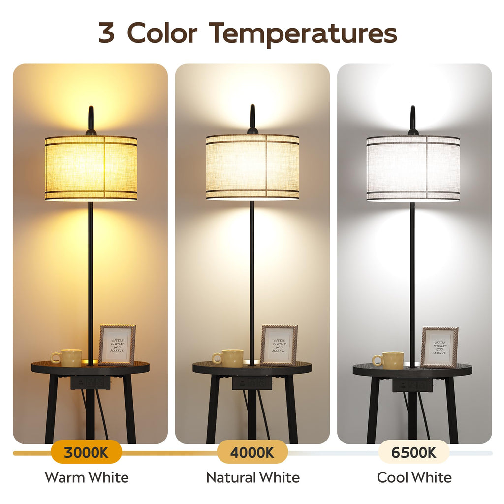 Floor Lamp with Table, Round Side Table with Charging Station Black