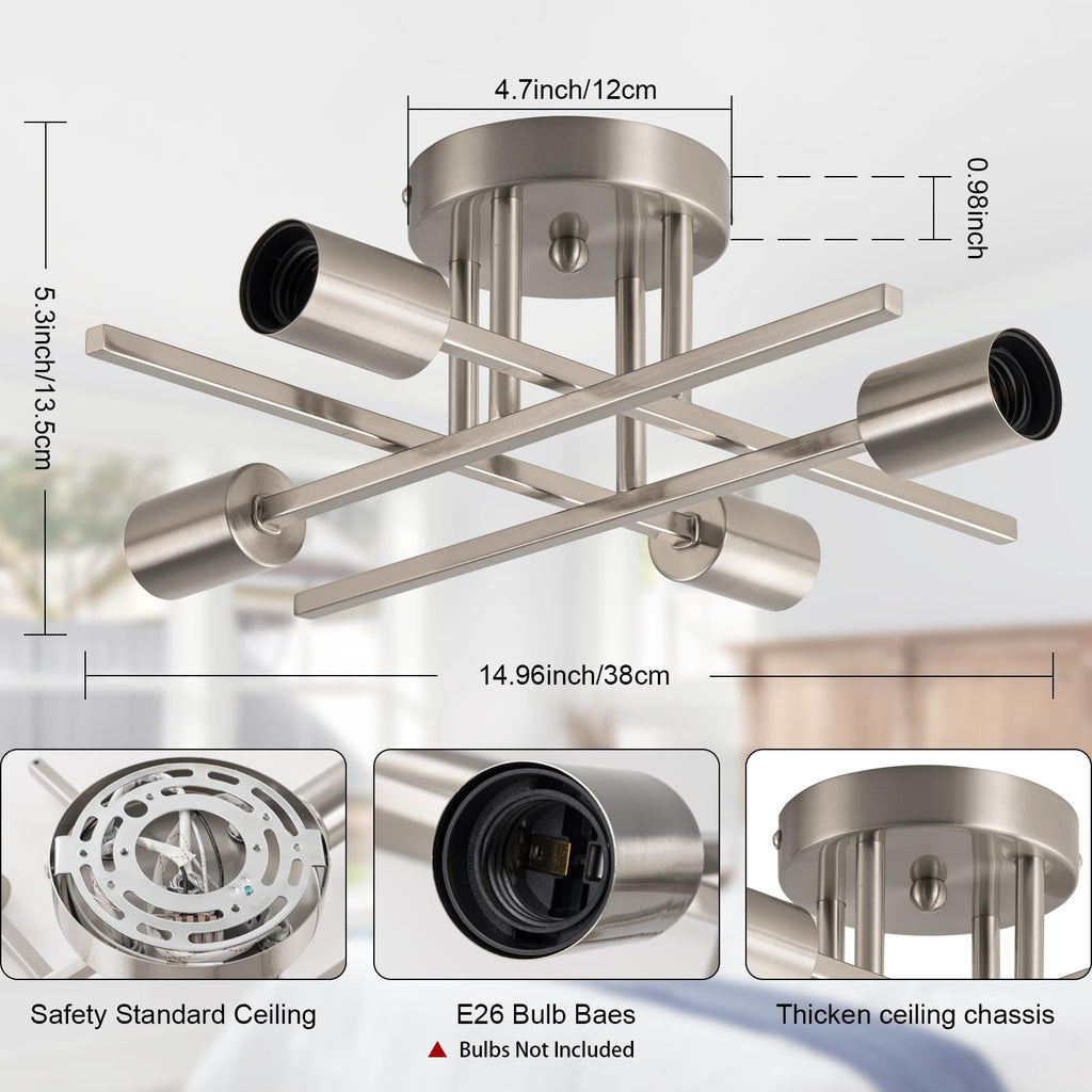 4-Light Modern Sputnik Chandeliers, Silver Mid Century Semi Flush Mount Ceiling Light Fixtures with E26 Base