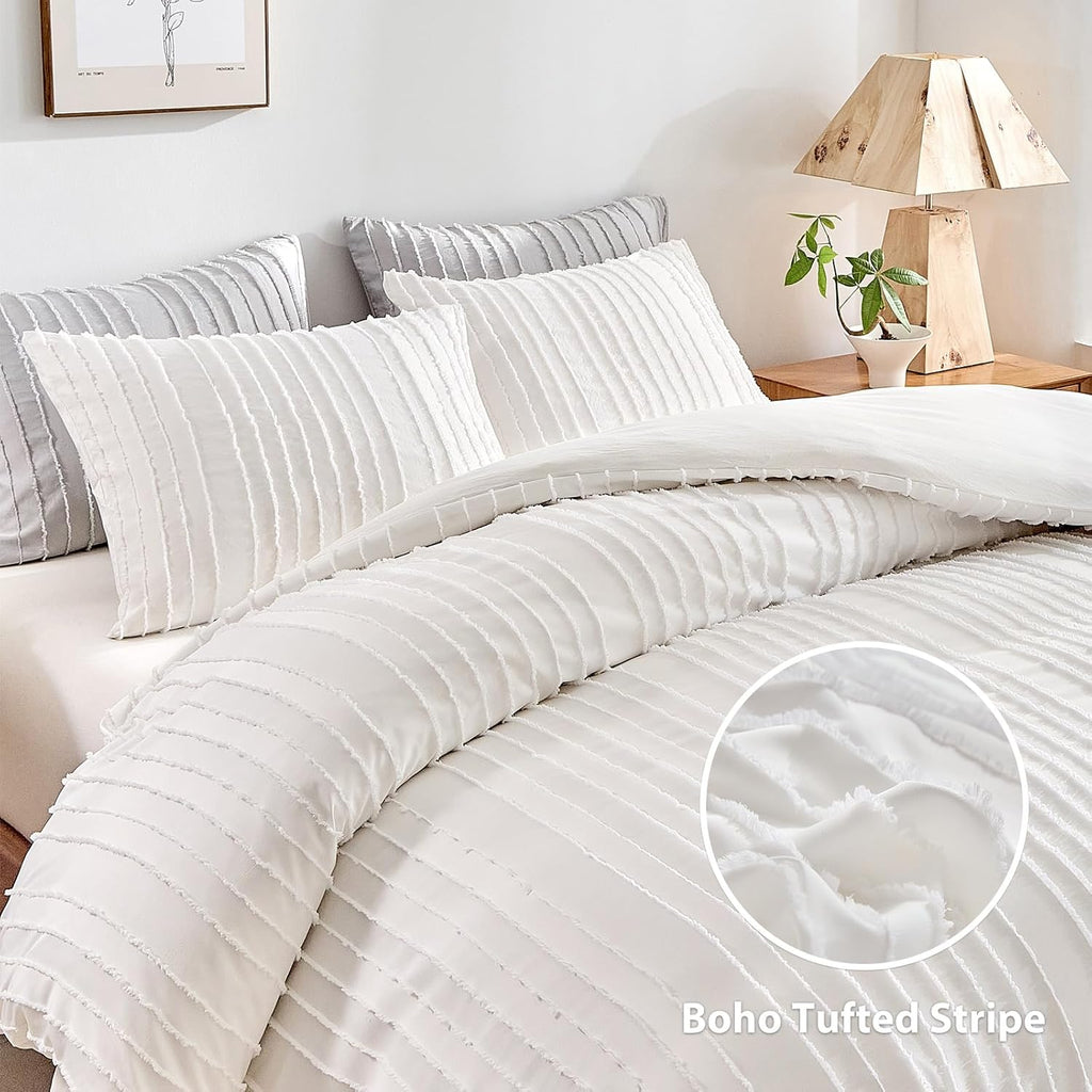 White Boho Duvet Cover Set King, Striped Textured Duvet Cover Tufted Bedding Set, 3 Pcs Ultra Soft Washed Microfiber