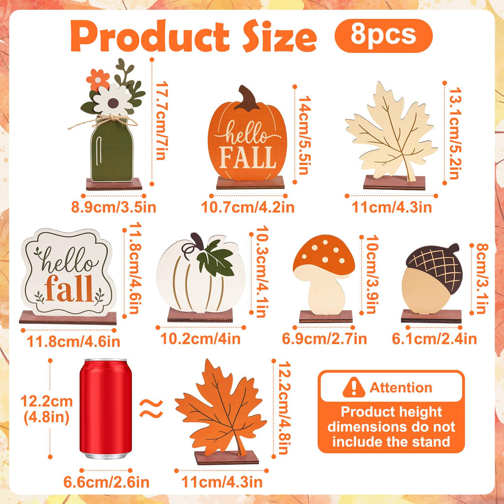 Fall Table Decor, Fall Decorations, 8PCS Wooden Hello Fall Sign, Maple Leaf, Pumpkin and Acorn Indoor Home Office